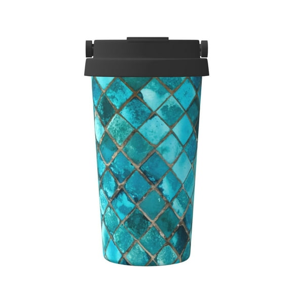 Gukieu Square Glass Mosaic Print Insulated Coffee Cup, Portable Stainless Steel Vacuum Cup with Lid, Unisex, Suitable for Office, Cafe, Car