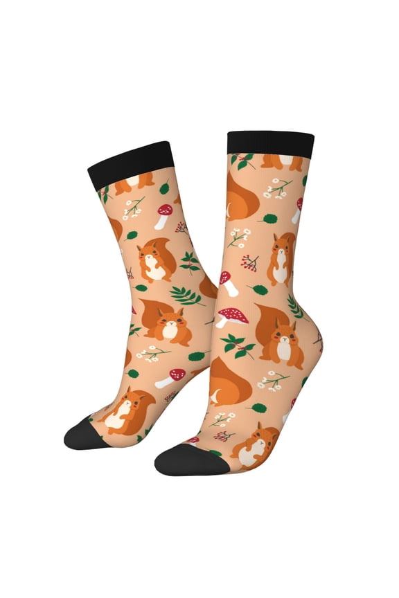 Squirrel And Mushroom Print Contrast Color Mid-calf Socks, Sweat-wicking Athletic Socks, Unisex Clothing Accessories
