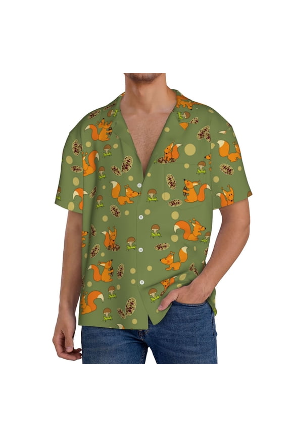Squirrel And Nuts Print Men's Short-sleeved Shirts, Button-down Pocket Shirts, T-shirts, Beach Vacation Travel Summer Clothing-Large