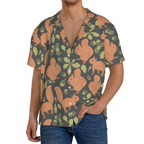 Gukieu Squirrel And Nuts Print Men's Short-sleeved Shirts, Button-down Pocket Shirts, T-shirts, Beach Vacation Travel Summer Clothing-Small