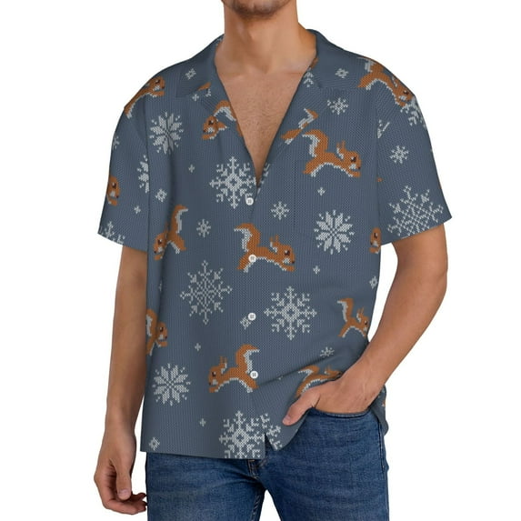 Gukieu Squirrel And Snowflakes Print Men's Short-sleeved Shirts, Button-down Pocket Shirts, T-shirts, Beach Vacation Travel Summer Clothing-4X-Large