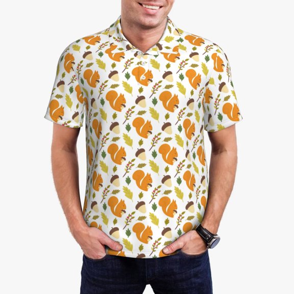 Gukieu Squirrel Eating Nuts Print Men's Quick-drying POLO Shirt, Button-down Summer T-shirt, Suitable for Work and Outdoor Activities-Small