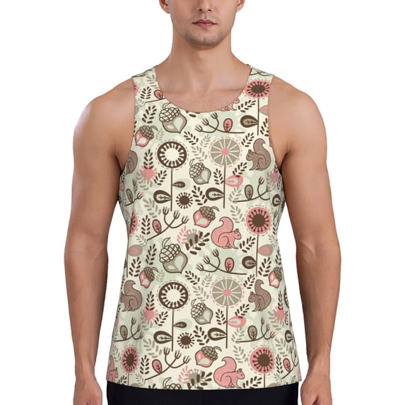 Gukieu Squirrel In The Forest Print Men's Quick Dry Fitness Vest, Round Neck Sleeveless Fitness Bodybuilding Top-Large