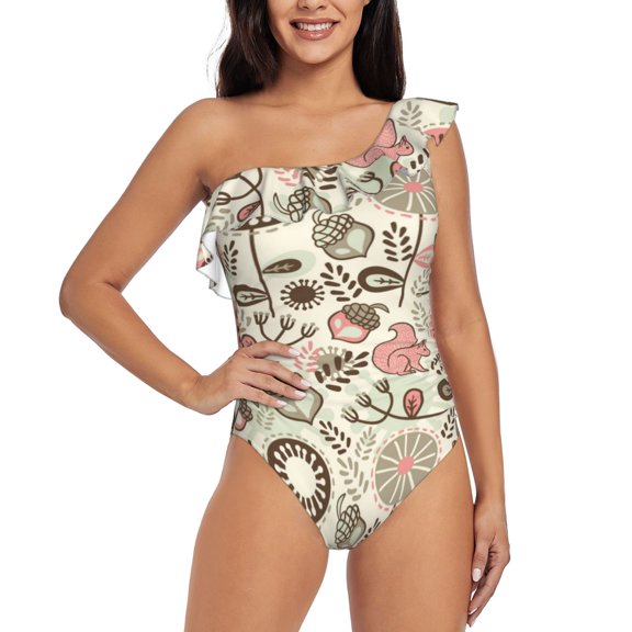 Gukieu Squirrel In The Forest Print One-shoulder Ruffled One-piece Swimsuit with Removable Chest Pads and Tummy-control Swimsuit for Women-Small
