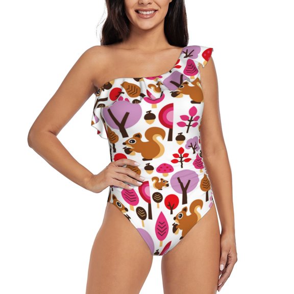 Gukieu Squirrel In The Forest Print One-shoulder Ruffled One-piece Swimsuit with Removable Chest Pads and Tummy-control Swimsuit for Women-Small