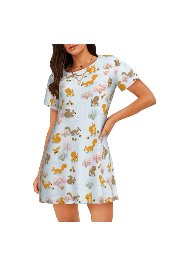 Squirrel In The Forest Print Women's Nightgown, A-line Round Neck Short-sleeved Nightgown Pajamas Home Wear Suitable for Home and Outing