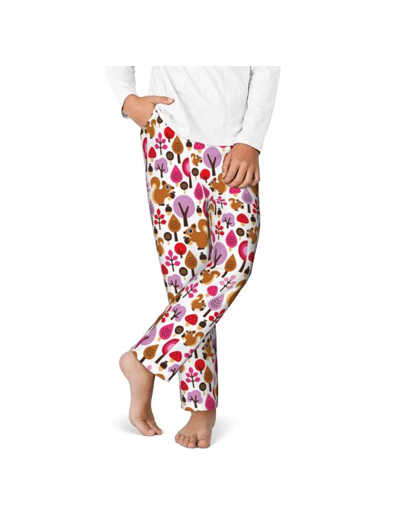Squirrel In The Forest Print Youth Home Trousers, Elastic Waistband with Pockets for Home and Outing, Suitable for Children Aged 5-16-XS(5-6)