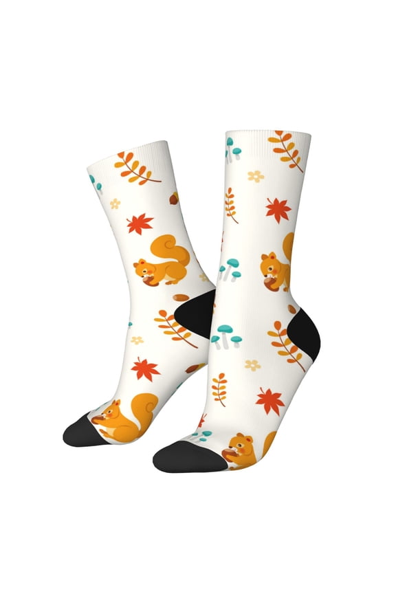 Squirrel Maple Leaves And Nuts Print Contrast Color Mid-calf Socks, Sweat-wicking Athletic Socks, Unisex Clothing Accessories