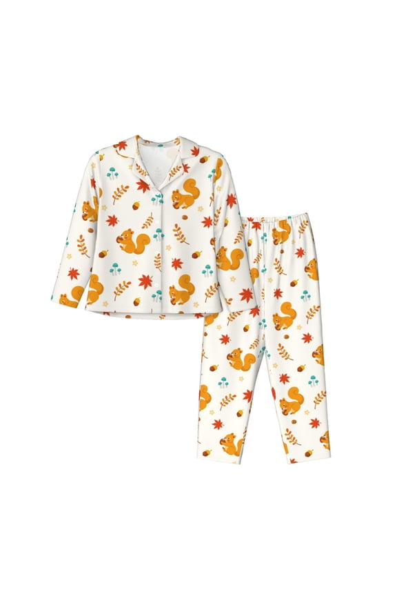 Squirrel Maple Leaves And Nuts Print Women's Long Sleeve Pajama Set, Button Top Elastic Pocket Pajama Pants Two Piece Set Home Wear-Large