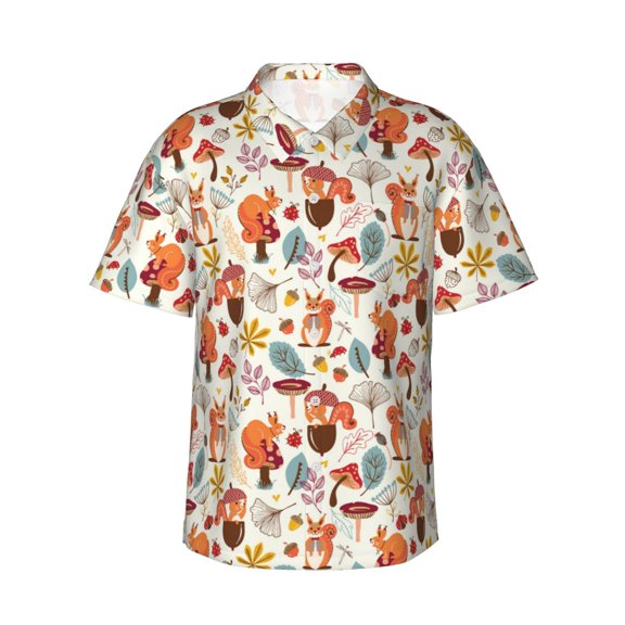 Gukieu Squirrel Nuts Mushroom Print Men's Short-sleeved Shirts, Button-down Lapel Hawaiian Shirts, T-shirts, Beach Vacation Summer Casual Wear,Small
