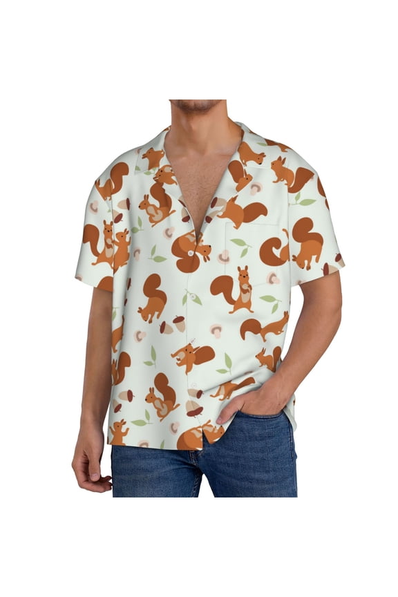 Squirrel Playing Print Men's Short-sleeved Shirts, Button-down Pocket Shirts, T-shirts, Beach Vacation Travel Summer Clothing-Medium
