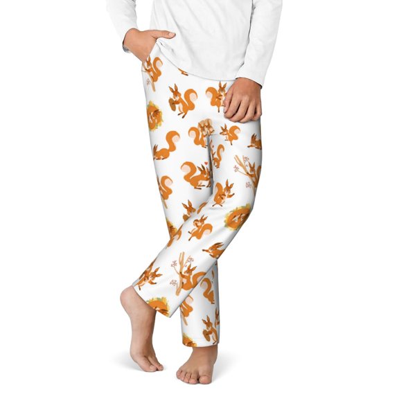 Gukieu Squirrel Playing Print Youth Home Trousers, Elastic Waistband with Pockets for Home and Outing, Suitable for Children Aged 5-16-Large