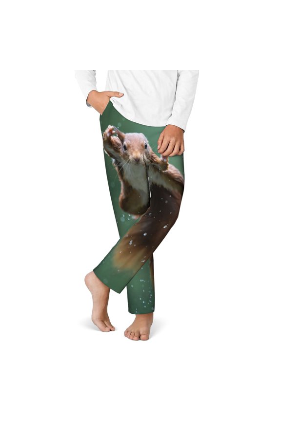 Squirrel Print Youth Home Trousers, Elastic Waistband with Pockets for Home and Outing, Suitable for Children Aged 5-16-Medium