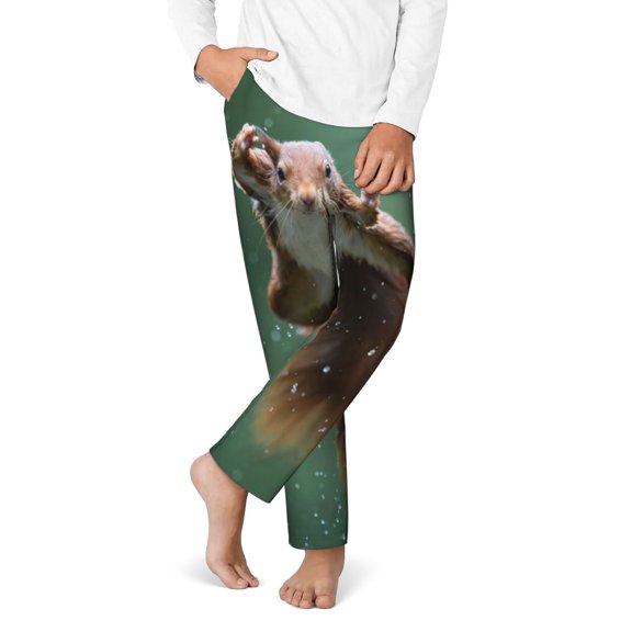 Gukieu Squirrel Print Youth Home Trousers, Elastic Waistband with Pockets for Home and Outing, Suitable for Children Aged 5-16-XS(5-6)