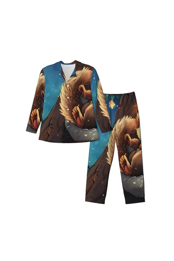 Squirrel Sleeping In Tree Print Men's Long-sleeved Pajamas Set, Elastic Waist Pajamas Button-down Pajamas Two-piece Set, Suitable for Adult Male Home Wear-Large
