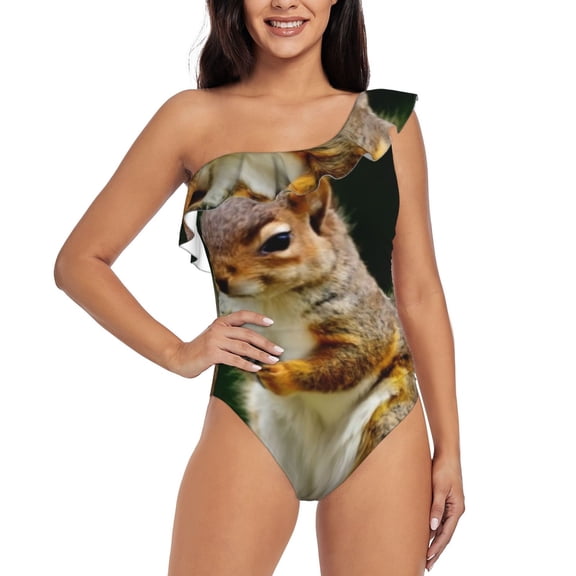 Gukieu Squirrels Eating Peanuts On The Tree Print One-shoulder Ruffled One-piece Swimsuit with Removable Chest Pads and Tummy-control Swimsuit for Women-Medium
