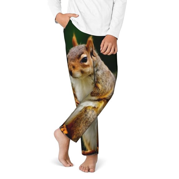 Gukieu Squirrels Eating Peanuts On The Tree Print Youth Home Trousers, Elastic Waistband with Pockets for Home and Outing, Suitable for Children Aged 5-16-XS(5-6)