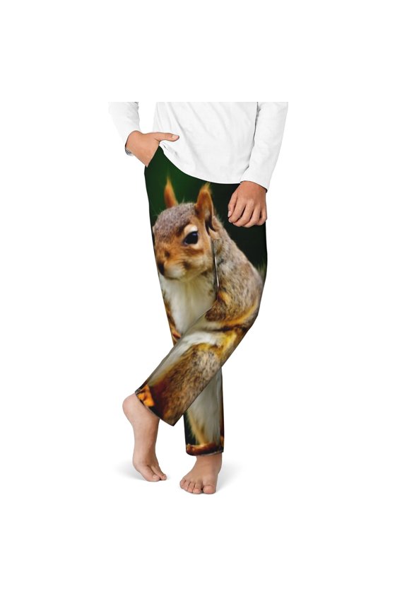 Squirrels Eating Peanuts On The Tree Print Youth Home Trousers, Elastic Waistband with Pockets for Home and Outing, Suitable for Children Aged 5-16-XS(5-6)