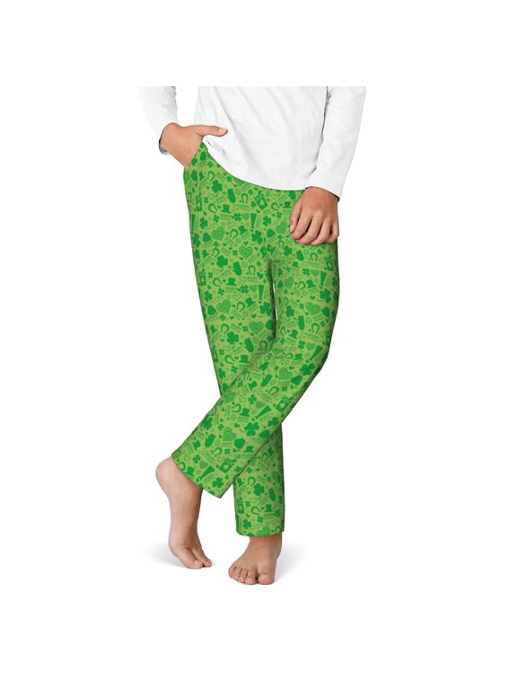 St Patrick's Day Print Youth Home Trousers, Elastic Waistband with Pockets for Home and Outing, Suitable for Children Aged 5-16-Large