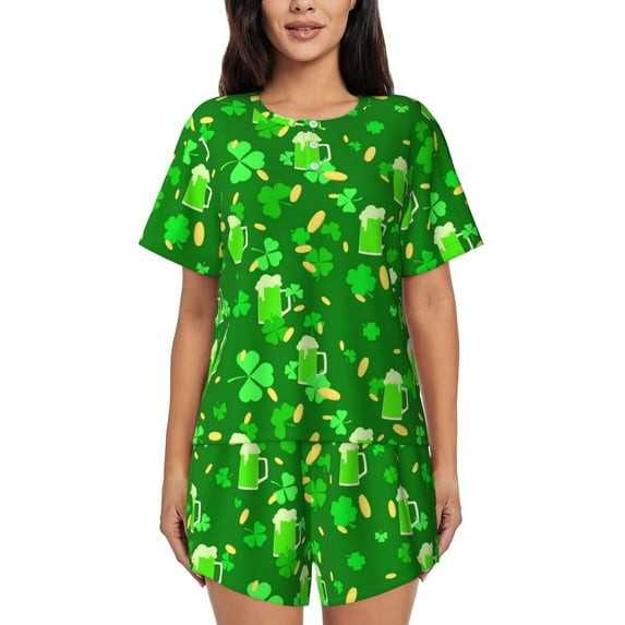Gukieu St Patrick's Day2 Print Women's Short-sleeved Pajama Set, Round Neck Button Top Elastic Shorts 2-piece Set, Summer Home Leisure Clothing-4X-Large