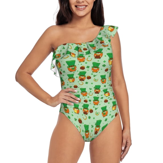 Gukieu St. Patrick's day Print One-shoulder Ruffled One-piece Swimsuit with Removable Chest Pads and Tummy-control Swimsuit for Women-Large