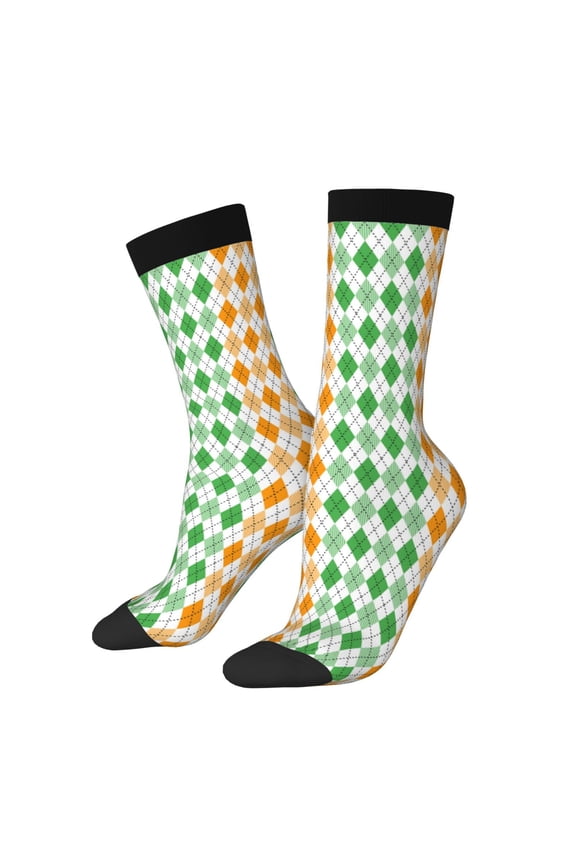 St. Patrick's day argyle Print Contrast Color Mid-calf Socks, Sweat-wicking Athletic Socks, Unisex Clothing Accessories