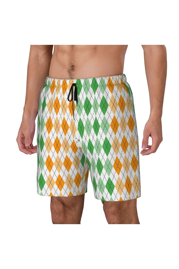 St. Patrick's day argyle Print Men's Double Layer Sports Swim Trunks, Quick Dry Adjustable Waist Swim Shorts Swimwear-X-Large