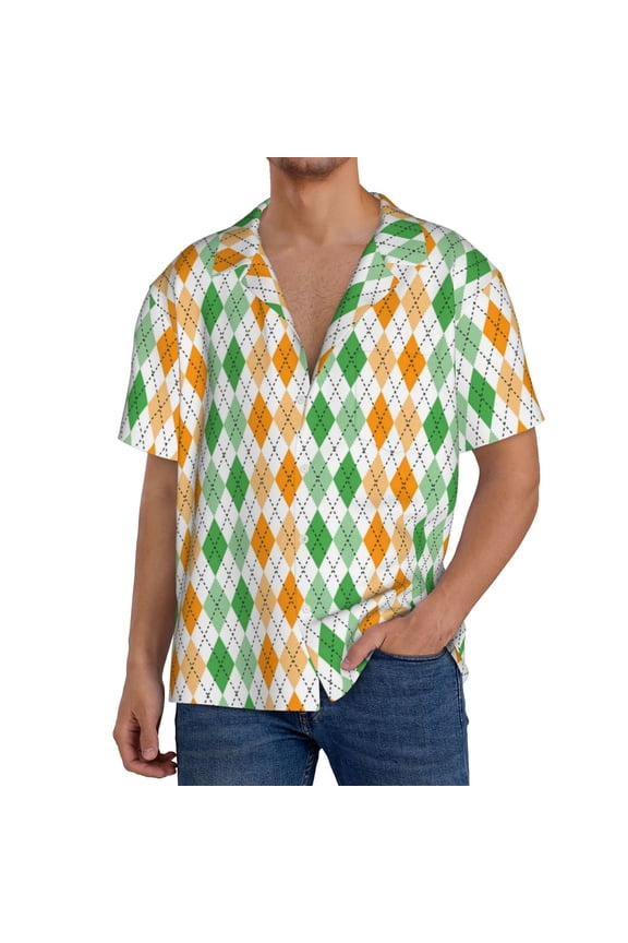 St. Patrick's day argyle Print Men's Short-sleeved Shirts, Button-down Pocket Shirts, T-shirts, Beach Vacation Travel Summer Clothing-XX-Large