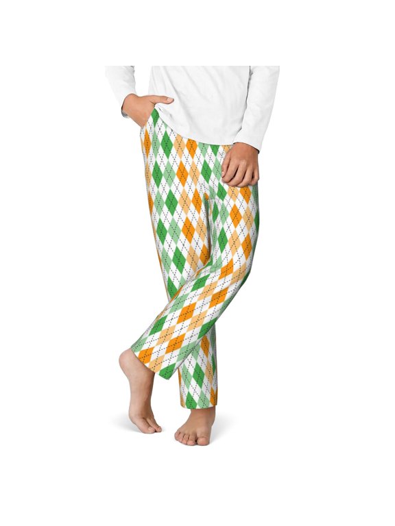 St. Patrick's day argyle Print Youth Home Trousers, Elastic Waistband with Pockets for Home and Outing, Suitable for Children Aged 5-16-Medium
