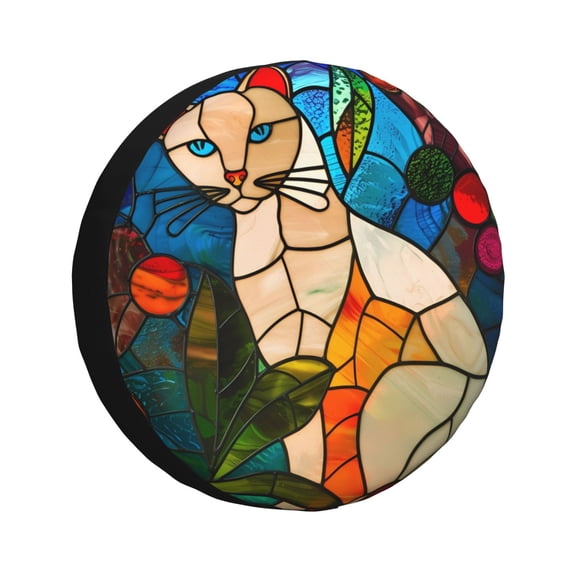 Gukieu Stained Glass Cat Art Print Car Tire Cover, Adjustable Waterproof and Dustproof Tire Protection Cover, Suitable for SUV, Truck, Van-17 inch