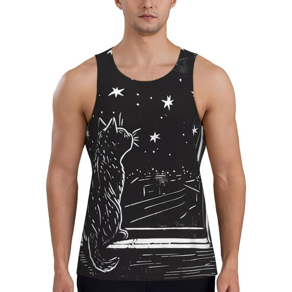 Gukieu Star Gazing Cat Illustration Print Men's Quick Dry Fitness Vest, Round Neck Sleeveless Fitness Bodybuilding Top-3X-Large