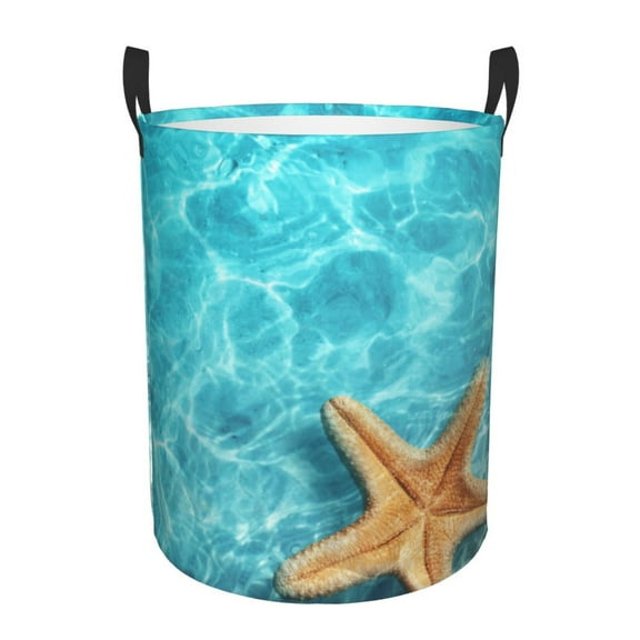 Gukieu Starfish And Seashell On The Beach 1 Print Round Dirty Clothes Bag, Waterproof Standing Home Bathroom Storage Basket Car Trunk Storage Bag-Medium