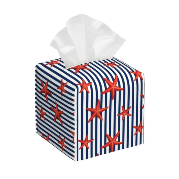 Gukieu Starfish Navy Blue Stripe Print Leather Tissue Box, PVC Waterproof Velcro Opening and Closing Square Tissue Box Holder, Suitable for Home and Office Decoration