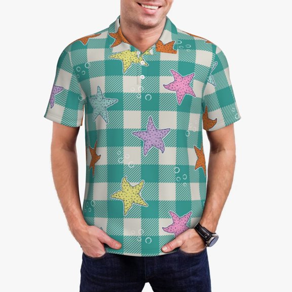 Gukieu Starfish On Checkered Background Print Men's Quick-drying POLO Shirt, Button-down Summer T-shirt, Suitable for Work and Outdoor Activities-Small