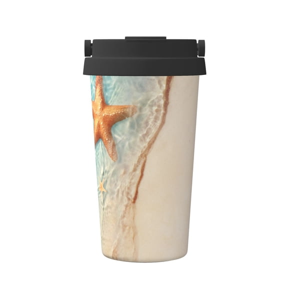 Gukieu Starfish On The Sand Beach Print Insulated Coffee Cup, Portable Stainless Steel Vacuum Cup with Lid, Unisex, Suitable for Office, Cafe, Car