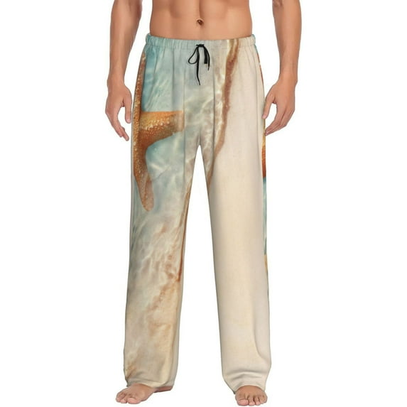 Gukieu Starfish On The Sand Beach Print Men's Home Trousers, Elastic Drawstring Home Pajamas Clothing Suitable for Adult Men-Small