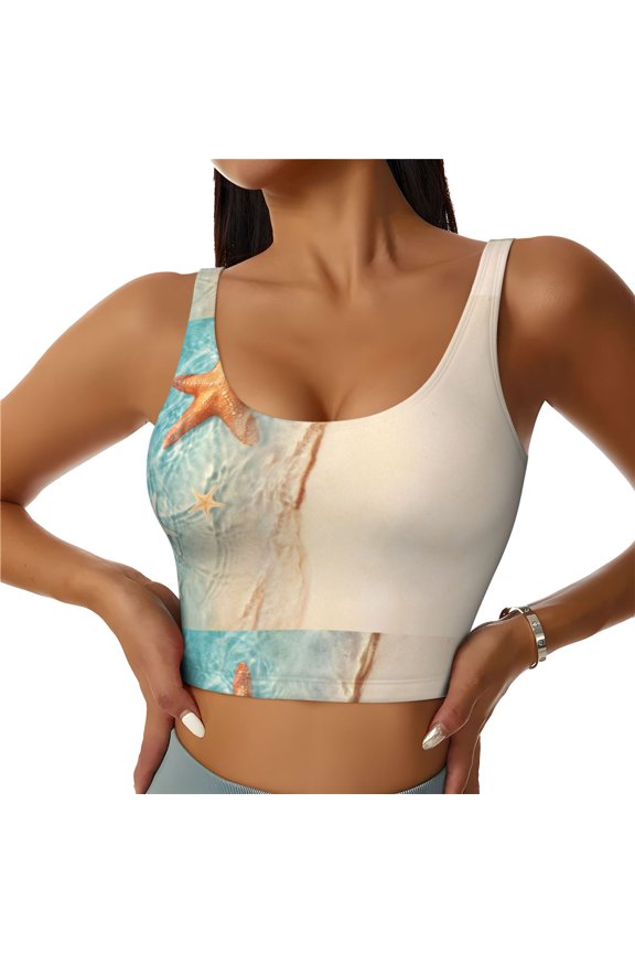 Starfish On The Sand Beach Print Women's Sports Vest, Low-neck U-shaped Removable Pad Sports Bra for Yoga, Exercise, Dance-XX-Large