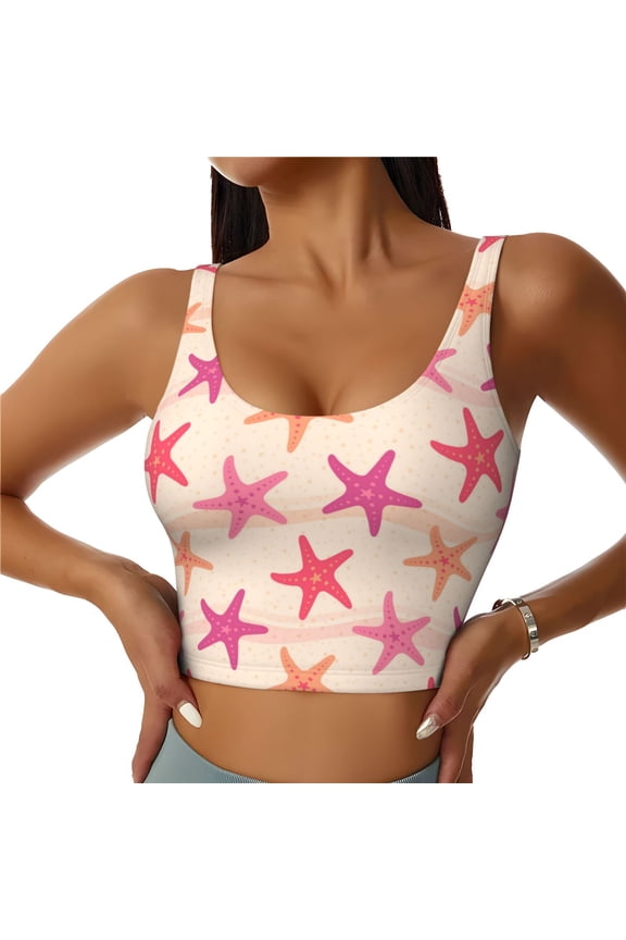 Starfish Print Women's Sports Vest, Low-neck U-shaped Removable Pad Sports Bra for Yoga, Exercise, Dance-Medium