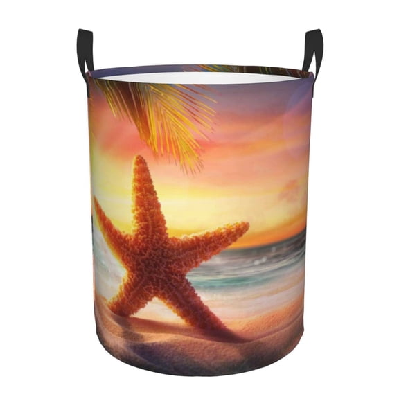 Gukieu Starfish Sunset Sea Beach Print Round Dirty Clothes Bag, Waterproof Standing Home Bathroom Storage Basket Car Trunk Storage Bag-Medium