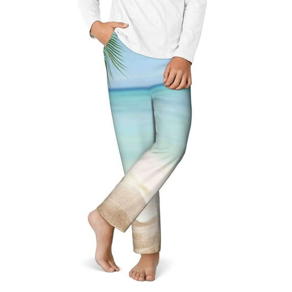 Gukieu Starfish in Beach Print Youth Home Trousers, Elastic Waistband with Pockets for Home and Outing, Suitable for Children Aged 5-16-Large