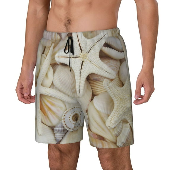 Gukieu Starfishes On Seashells Print Men's Double Layer Sports Swim Trunks, Quick Dry Adjustable Waist Swim Shorts Swimwear-3X-Large