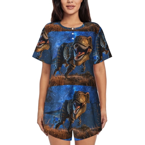 Gukieu Starry Night Charging Dinosaur Print Women's Short-sleeved Pajama Set, Round Neck Button Top Elastic Shorts 2-piece Set, Summer Home Leisure Clothing-3X-Large