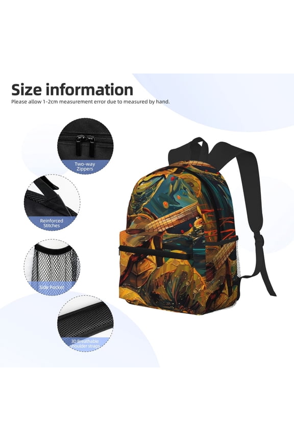 Starry Night Guitar Turtle Print Backpack, Waterproof Backpack with Adjustable Shoulder Straps, Suitable for Campus, Business, Travel, Unisex
