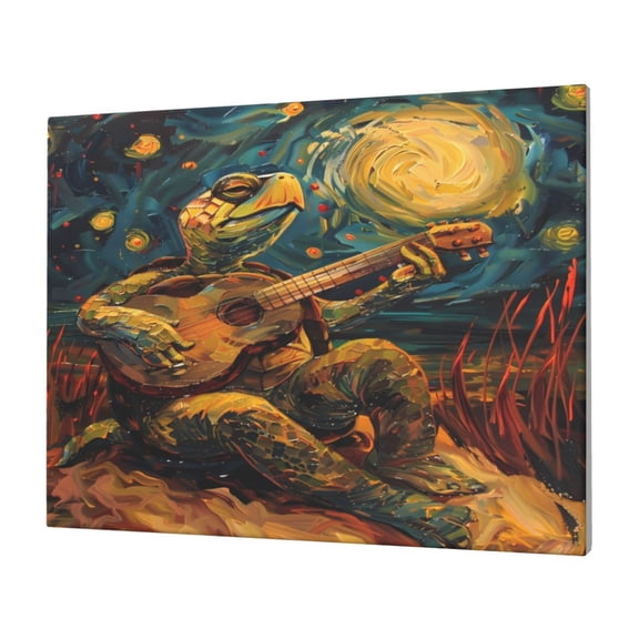 Gukieu Starry Night Guitar Turtle Print Horizontal Canvas Decorative Painting 12x16 Inch Shrinkage Resistant Frame Hanging Home Wall Art Decor