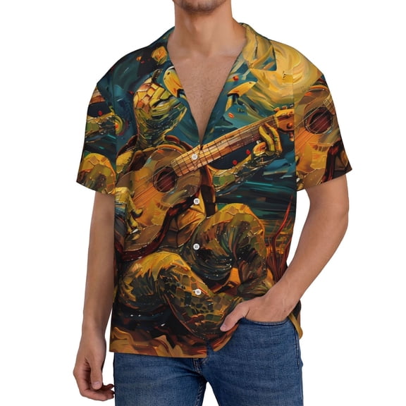 Gukieu Starry Night Guitar Turtle Print Men's Short-sleeved Shirts, Button-down Pocket Shirts, T-shirts, Beach Vacation Travel Summer Clothing-Large