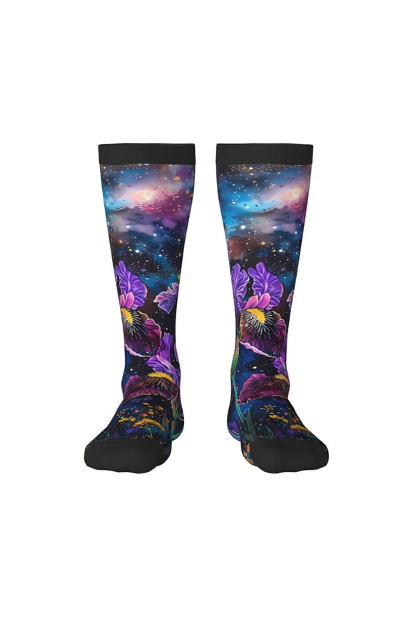 Starry Night Iris Field Print Contrast Color Stockings, Elastic Sports Socks Warm Socks Clothing Accessories, Adult Unisex