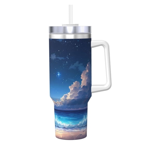 Gukieu Starry Night Ocean View Print 40OZ Ice Cup, Stainless Steel Vacuum Kettle with Handle Suitable for Hot and Cold Drinks, Travel, Fitness