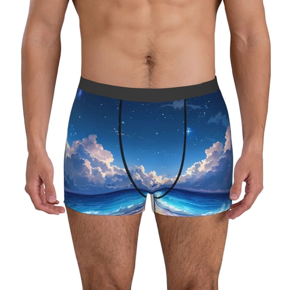 Gukieu Starry Night Ocean View Print Men's Boxer Briefs, High Elastic Moisture Wicking Boxer Briefs Underwear-Small