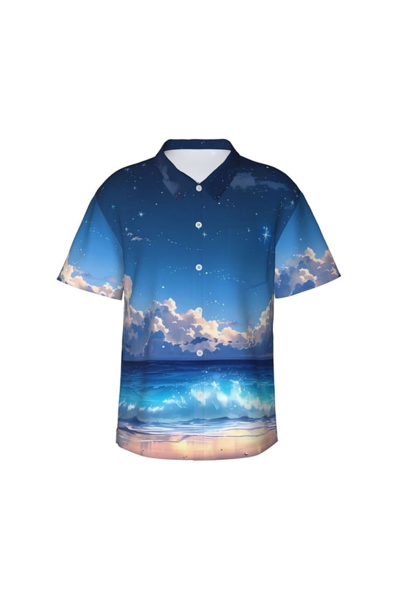 Starry Night Ocean View Print Men's Short-sleeved Shirts, Button-down Lapel Hawaiian Shirts, T-shirts, Beach Vacation Summer Casual Wear,Medium