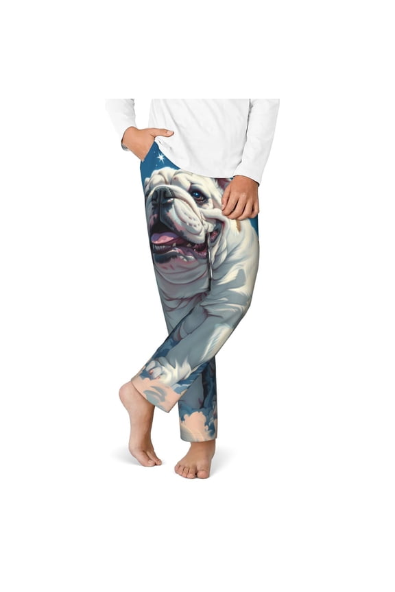 Starry Sky Cloud Bulldog Print Youth Home Trousers, Elastic Waistband with Pockets for Home and Outing, Suitable for Children Aged 5-16-XS(5-6)
